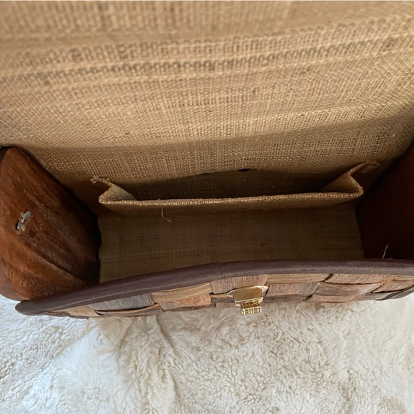 Woven Wood & Leather Brown Vintage Purse with Burlap Linen Lining EUC - Picture 10 of 10